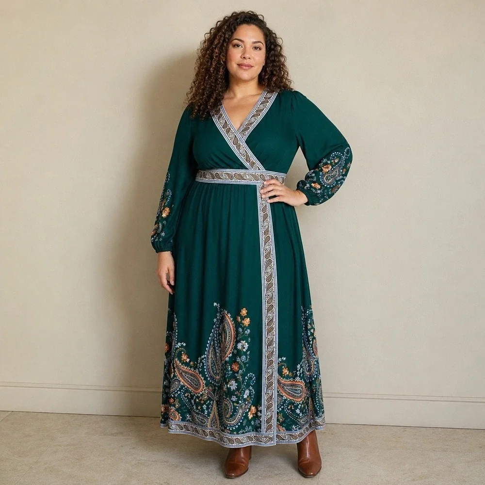 Soft Surroundings NWT Parry Dress XL Green Paisley Maxi Ren Faire Boho Fantasy